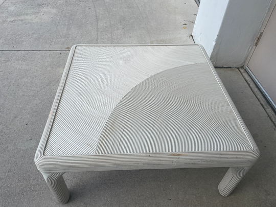 Square White Pencil Reed Coffee Table With Curved Edges/Coastal & Palm Beach Chic