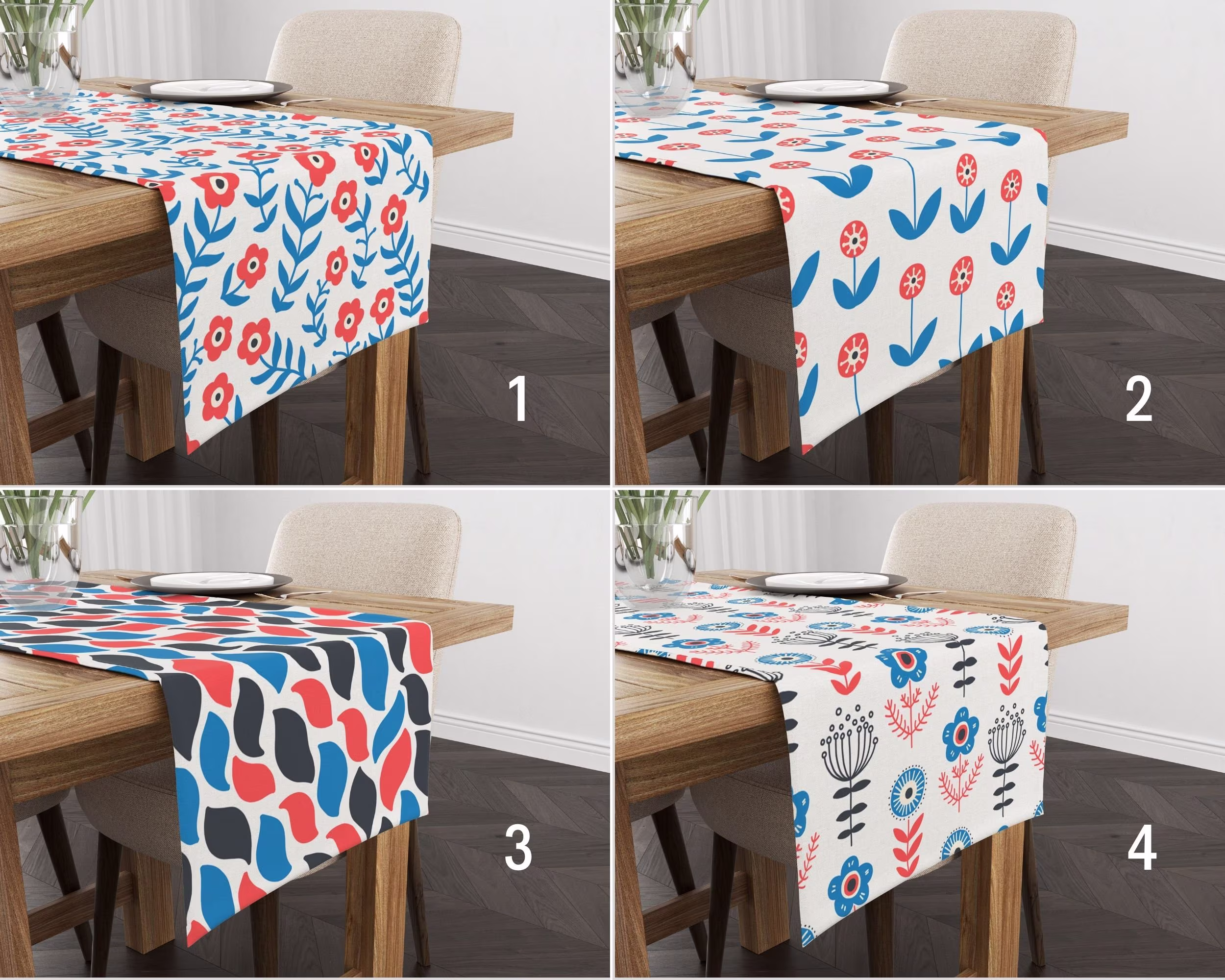 Floral Kitchen Table Runner, Spring Flowers Blue Red Tablecloth, Textile, Housewarming Gift, Gift For Her