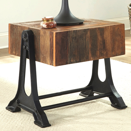 Industrial Design Recycled Wood and Cast Iron Base Living Room End Table