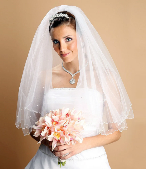 Pencil Edge Wedding Veil, White Bridal Scalloped 2-Tier Elbow Length Veil For Bride, Pearl & Crystal Embellished