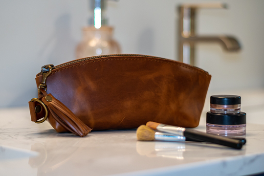 Curved Leather Zipper Bag | Pencil Pouch Makeup Made in USA Cosmetics Case