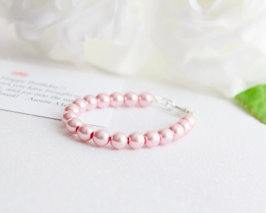First Birthday Gift, Pink Pearl Bracelet Keepsake, 1st Pearls, Girl, Baby