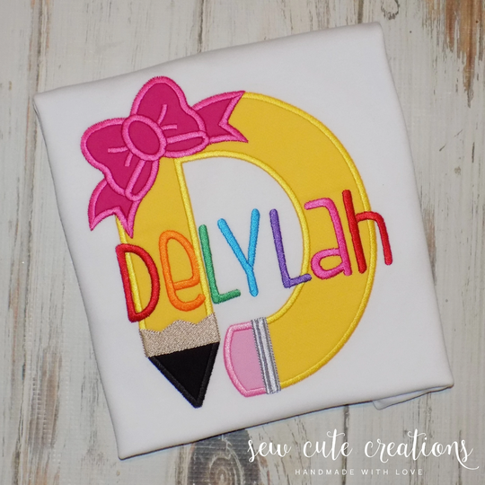 Back To School Pencil Shirt, Girls Back Bow Monogram, First Day Of School, Kindergarten Pre K, Sew Cute Creations