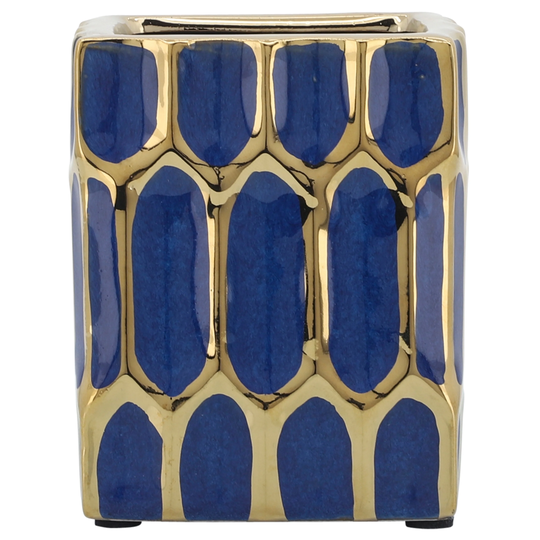 Ceramic 4"h Pen Holder, Blue, gold 4.0"H - 3.0" x 3.0" x 4.0"