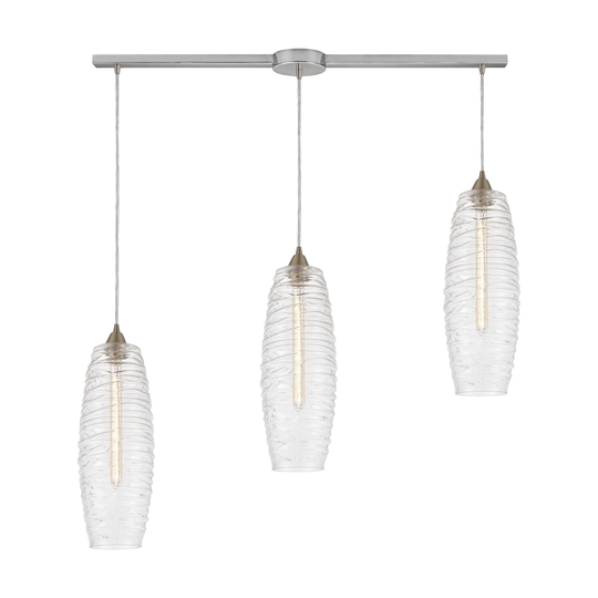 Liz 3-Light Linear Mini Pendant Fixture in Satin Nickel with Clear Glass with Ribbed Swirls