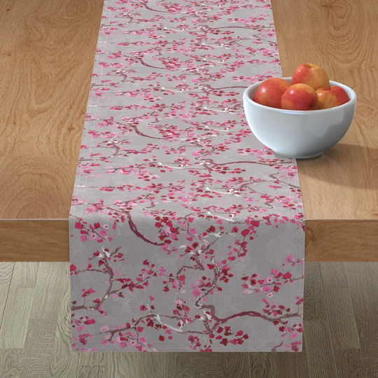 Cherry Blossom Table Runner - Branches On Gray By Katarina Pink Sakura Watercolor Cotton Sateen Spoonflower