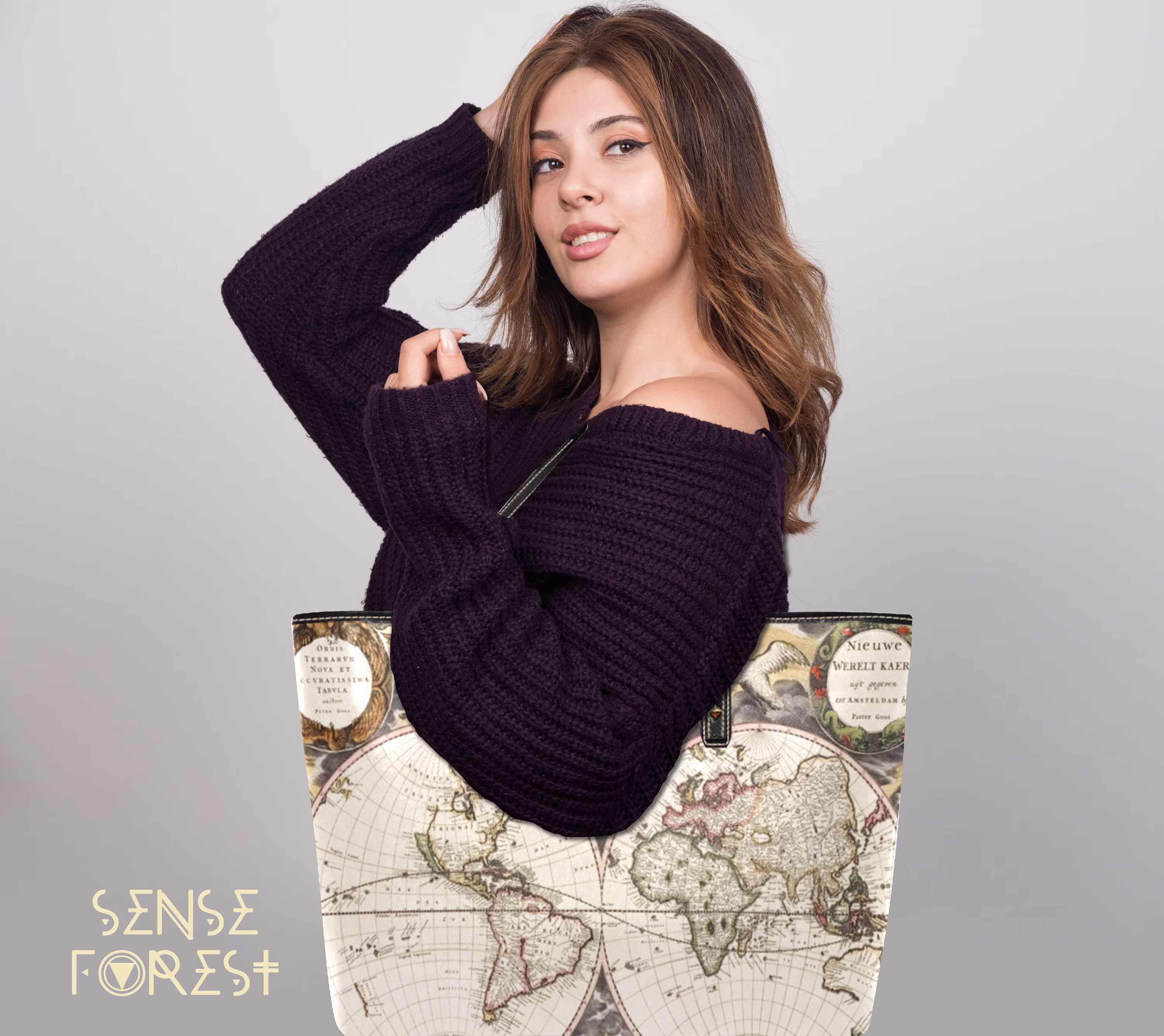 Old World Map By Samuel Mitchell Boho Vintage Art Vegan Leather Tote Bag, Pu Shoulder Cute Bag Big Zip Tote, Women Laptop Purse
