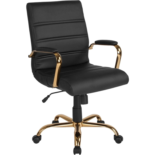 Offex Mid Back Black Leather Executive Swivel Office Chair with Gold Frame and Arms