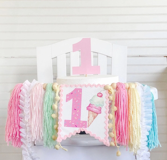 Ice Cream Birthday High Chair Yarn Tassel Banner, Cake Smash Backdrop First Birthday, Topper, Topper