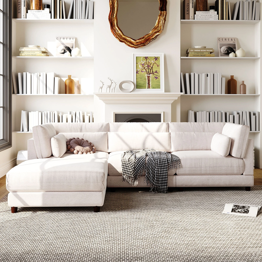 2 Pcs Upholstered Sectional Sofa for Living Room, 110.6" L Shaped Sofa Couch with Removable Ottomans & Comfortable Waist Pillows