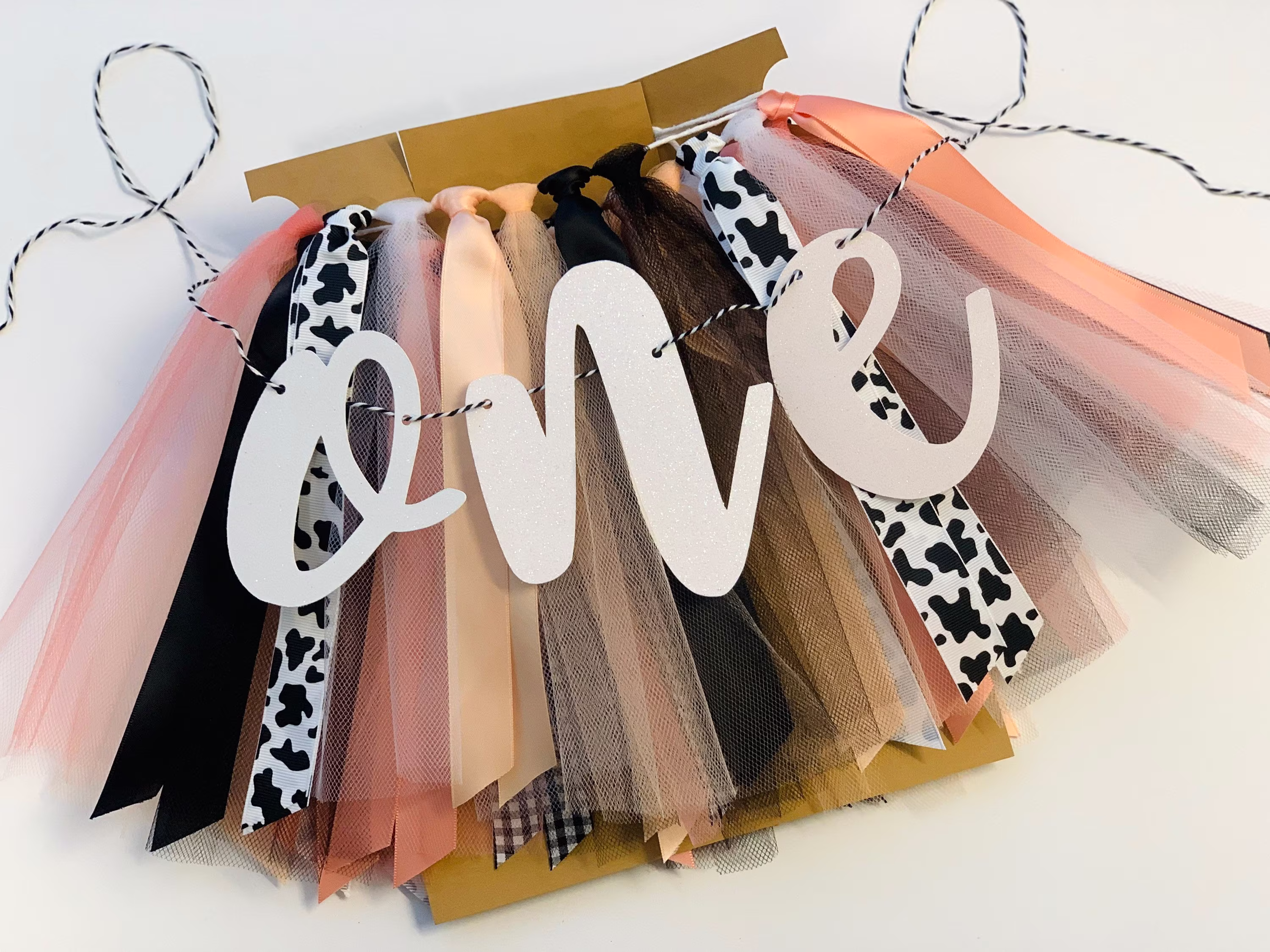 Cow Theme High Chair Banner Tutu Skirt, Farm Peach Coral Birthday Banner, Girl Smash Cake, 1st Photo Backdrop, One Pch