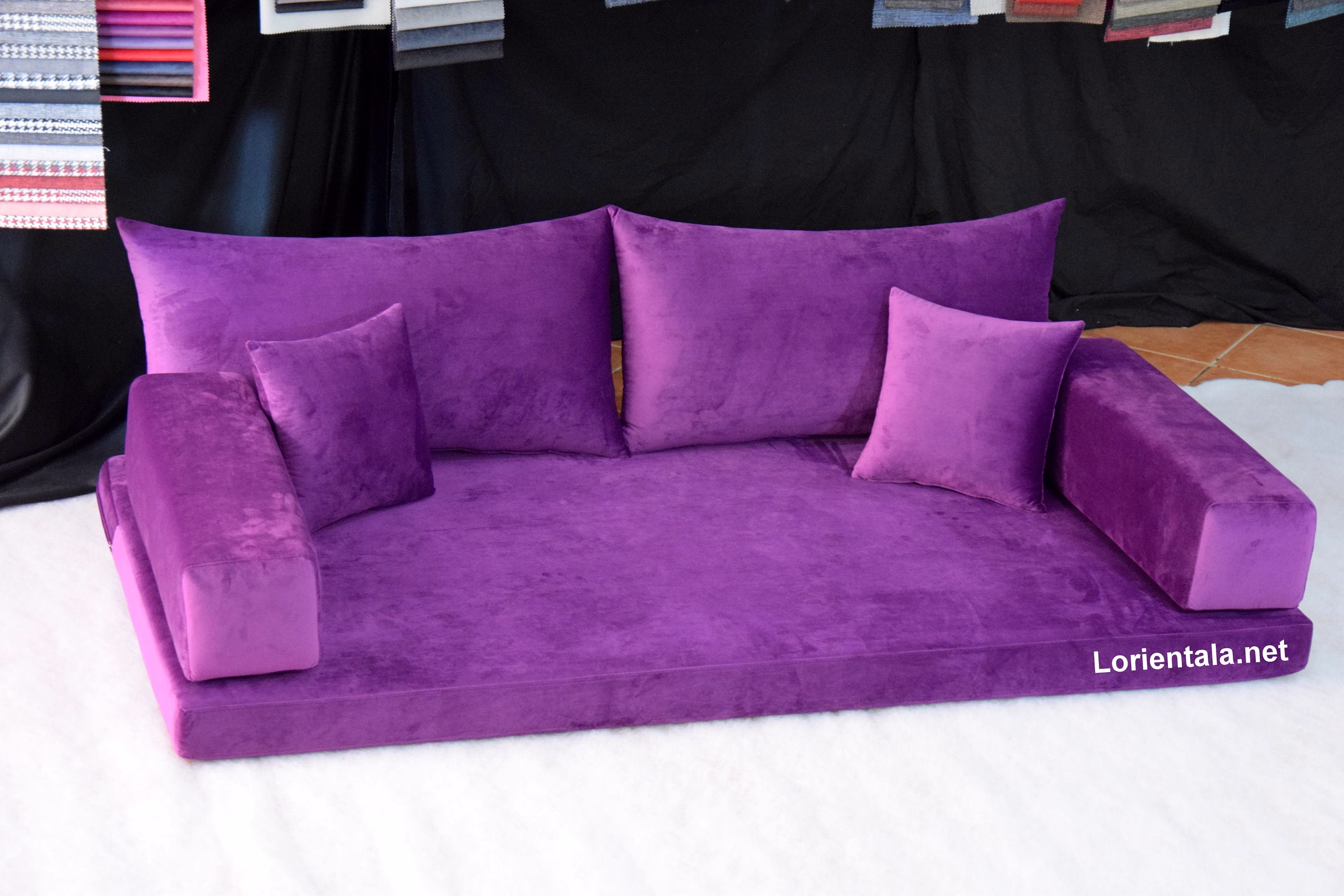 Velvet Purple Color Floor Sofa Turkish Arabic Living Room, Oriental Moroccan Home Decor Couch, Cushion Pillow, Yoga Meditation Modern Floor Bed