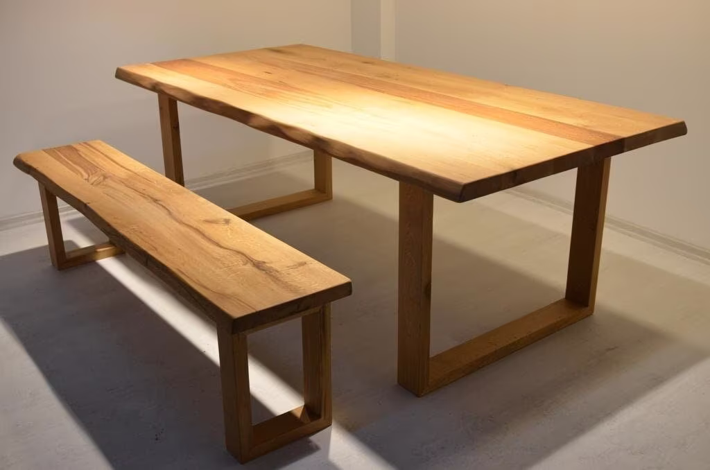 Mid Century Wooden Table & Bench, Dining Table, Kitchen Office Set, Solid Wood, White Table Chestnut Set