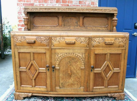 English Antique Tiger Oak Art Deco Sideboard/Buffet Bar Furniture Cabinet Console Table