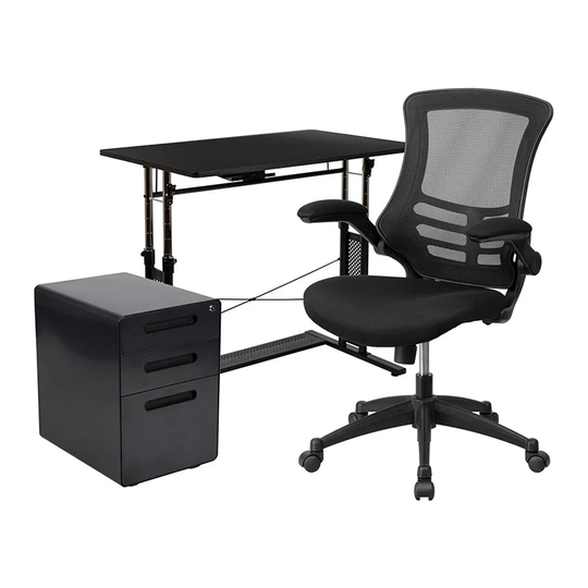 Offex 3 Pc Office Set - Adjustable Computer Desk, Ergonomic Mesh Office Chair & Locking Mobile Filing Cabinet w/ Inset Handles