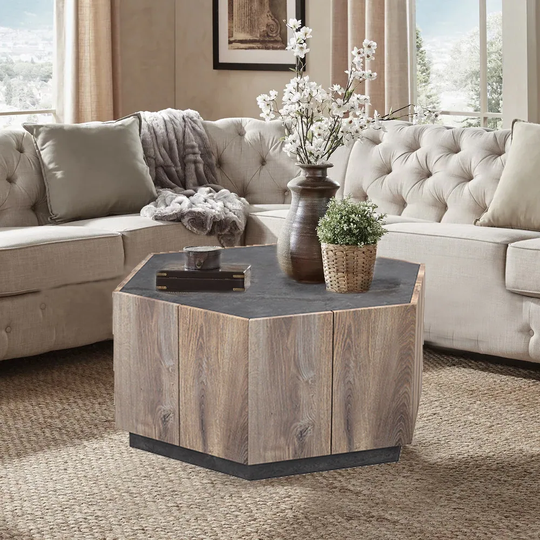 Unique Design Wood Coffee Table with 2 Drawers for Living Room, Morden and Natual