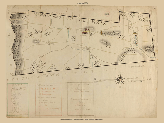 Amherst 1830 Town Plan - Old Roads Map Reprint Restored Massachusetts Archives Ma