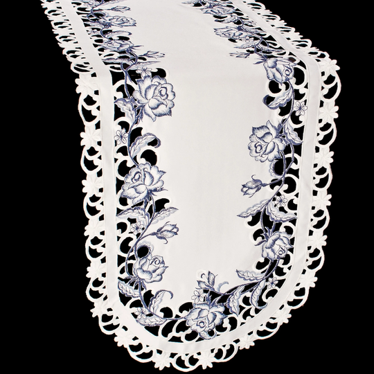 Embroidered Dutch Blue Rose Table Runner On White