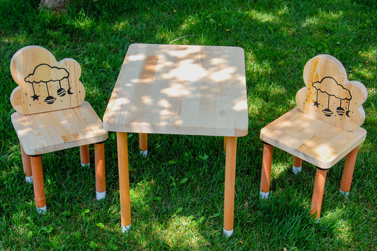Childrens Wooden Table & Chairs, Kids Set, Toddler Wood Play Table, Cloudy Chair