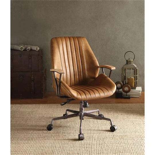 Office Chair in Coffee Top Grain Leather Wooden Armrest with Metal Frame