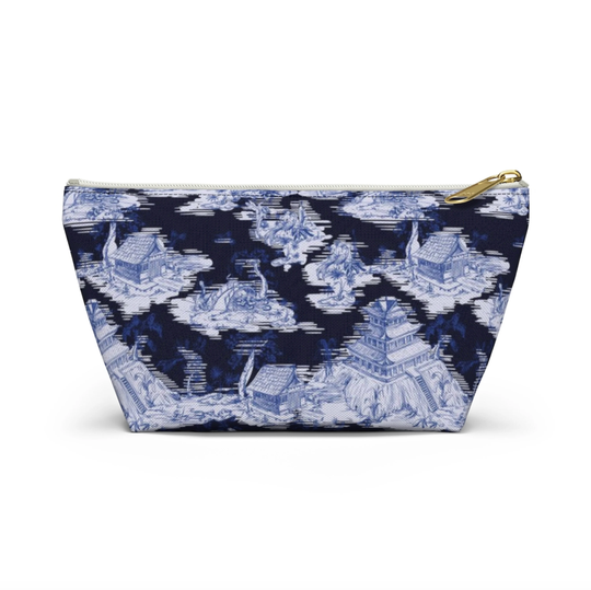 Chinoiserie Toile Print Zippered Pouch, Navy & Light Blue, Cosmetics/Pencil/Make-Up Organizer/Bag, Willow/China/Pagoda Pattern/Design