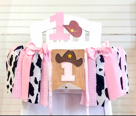 Cowgirl 1st Birthday High Chair Banner, Party Fabric Cake Smash Pink, Rodeo Backdrop Garland