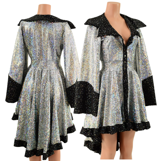 Silver On Black Shattered Glass Pirate Coat With Star Noir Trim. Bell Sleeves & Showtime Collar. Front Snaps From Collar To Waist. 157843