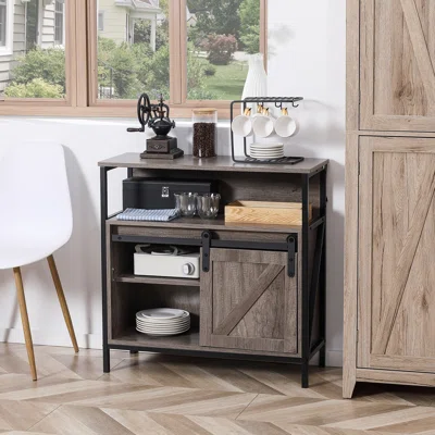 Farmhouse Buffet Cabinet, Kitchen Sideboard, Coffee Bar Cabinet With Sliding Barn Door And Adjustable Shelf For Living Room, Grey