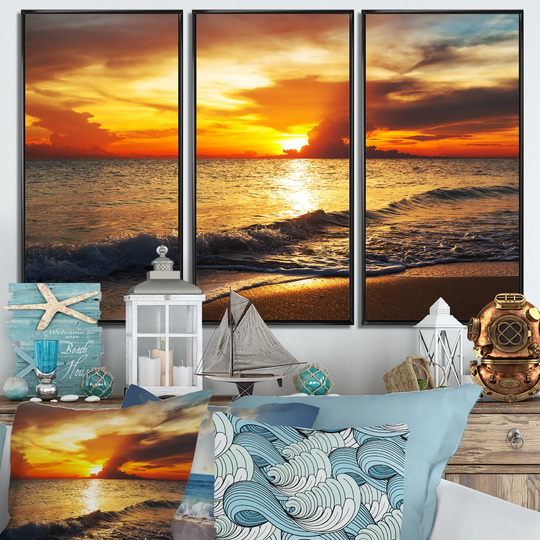 Designart 'Colorful Dramatic Sunset over Waves' Sea & Shore Framed Wall Decor Set of 3 - 4 Colors of Frames