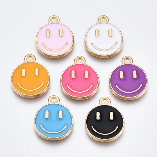 Gold Tone Enamel Mixed Color Happy Face Charm, Sold in Lots Of 10, Bulk Lgbtq, 14x12mm, Smiley Face, Random Mix