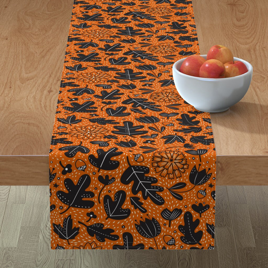 Halloween Leaves Table Runner - Folk Flora Pumpkin Orange By Lellobird Black Floral Oak Cotton Sateen Spoonflower