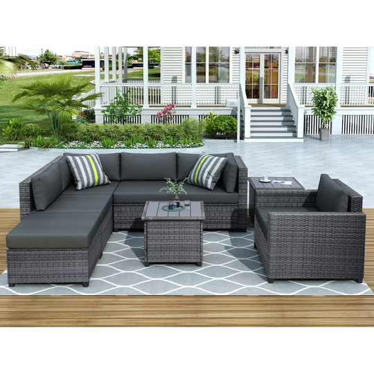 8 Pieces Rattan Sectional Seating Group with Cushions, Patio Furniture Sets, Outdoor Wicker Sectional Sofa with Coffee Table