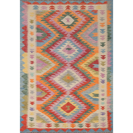 Multi-Color Kilim Oriental Area Rug Southwestern Flatweave Wool Carpet - 4'11" x 6'6"