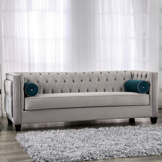 Furniture of America Vassar Glam Grey Upholstered Tufted Sofa