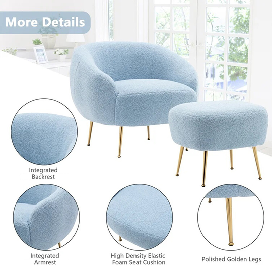 Grondin Mid-Century Modern Altay Velvet Upholstered Accent Armchair with Ottoman Set, Barrel Chair with Golden Metal Legs