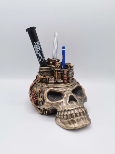 Bronze Skull Pencil Holder, Sculpture, Table Top Decor, Office Gift, Decoration