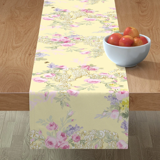 Spring Roses Table Runner - Buttercup Toile By Lilyoake Easter Wedding Rococo Cottagecore Cotton Sateen Spoonflower