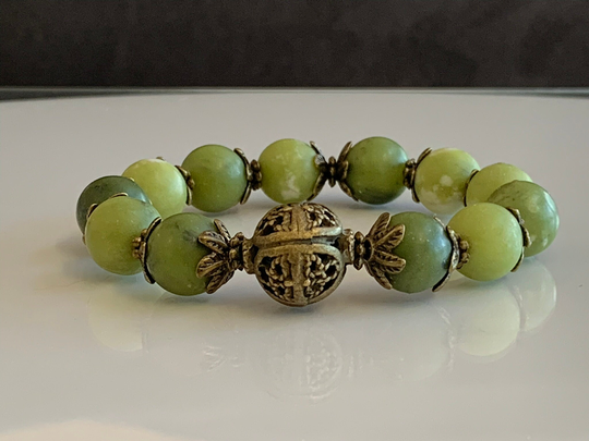 Jade Bracelet, Natural Taiwan Green Stretch Large 12mm "Frosted" Beads, Bead Bracelet