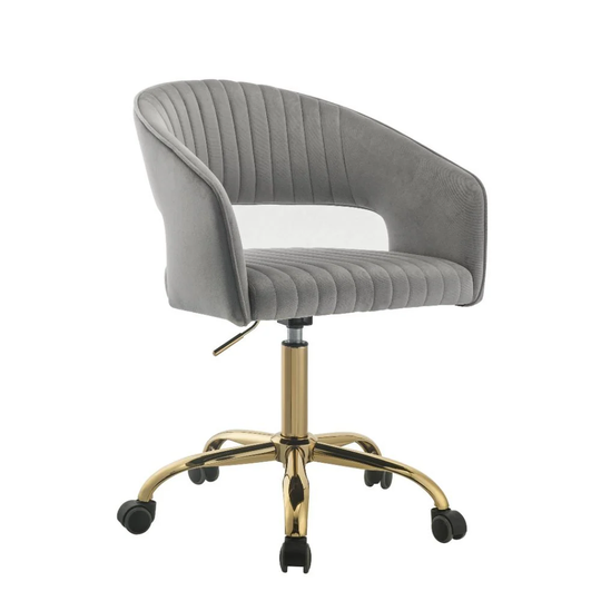 Q-Max Extendable Armless Office Chair Gray Velvet and Gold Wood Metal Tube Office Chair