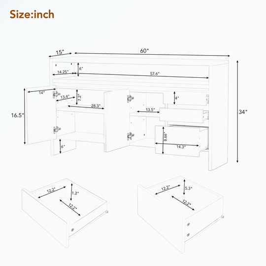 Sideboard with Double-Storey Tabletop, Two Cabinets and Three Drawers