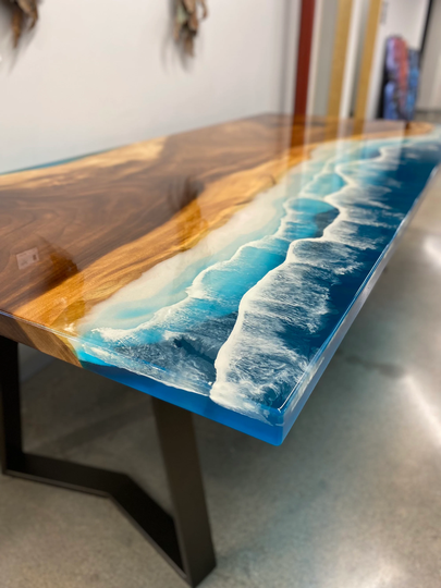 Custom Epoxy Resin Ocean Dining Table With Waves Effect | Parota Walnut Live Edge Dine For Residential, Restaurant Build To Order