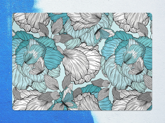Light Blue Drawn Flowers Chair Mat, White Splat Vinyl Floor Sketch Protective Pvc Area Rug, Comfort Mat
