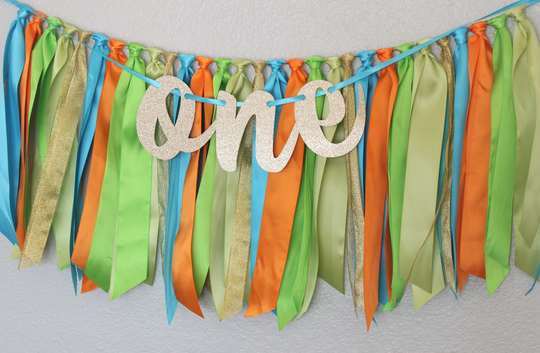 Dinosaur First Birthday High Chair Banner; Orange, Turquoise Blue, Lime Green, Gold; Boy Party Decorations; Smash Cake Backdrop