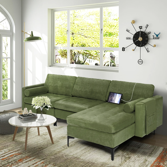 Gymax L-shaped Modular Sectional Sofa Couch w/ 2 Bolsters Power Socket