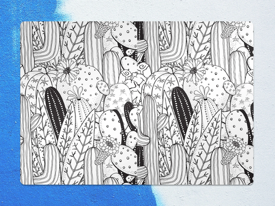 Sketched Cacti Chair Mat, Black Protective White Splat Botanical Vinyl Floor Decorative Gift Idea