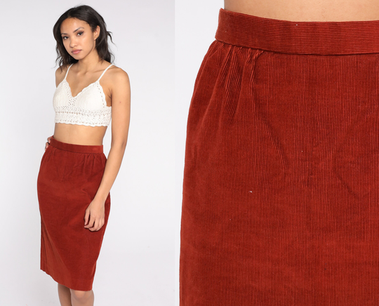 Corduroy Pencil Skirt 70S 80S Rust Orange Midi Retro Boho High Waisted Wiggle Plain Secretary Vintage 1970S 1980S Small S
