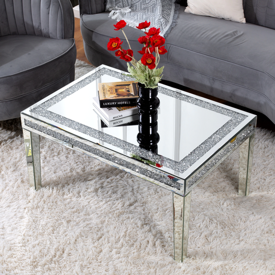 Coffee Table Mirrored with Crystal Inlay Surface, Rectangle Silver Accent Table, Modern Design Luxury Contemporary Furniture