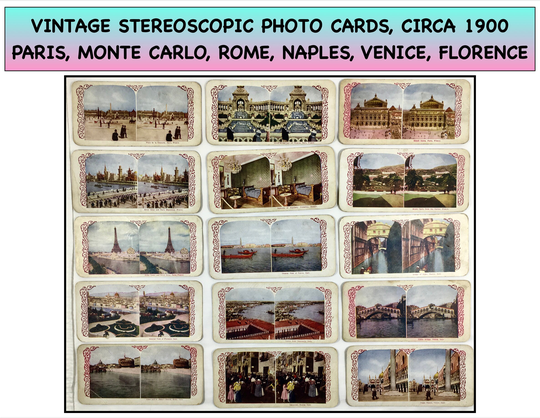 Vintage Stereographic 3-D Color Photo Cards, Paris Expo, Monte Carlo, Rome, Venice, Florence, Lazzaroni, Pompeii, Circa 1900 Art Nouveau
