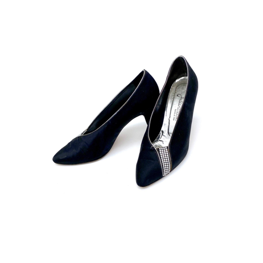 Vintage 1950's Black Satin & Rhinestone Pumps, 50S Black Heels With Diamond Accent, Silver Bling High Heels, 1950S Size 7