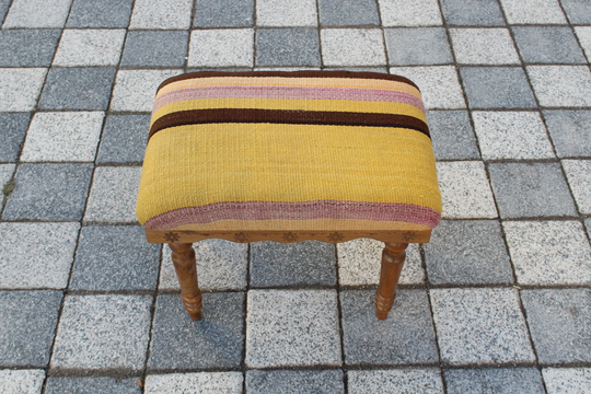 Ottoman Chair, Kilim Foot Rest, 1.7x1.2x1.4 Feet, Beech Wood Dtool, Aztec Rug Bench, Farmhouse Decor, Entry Bed Front Stool, Us
